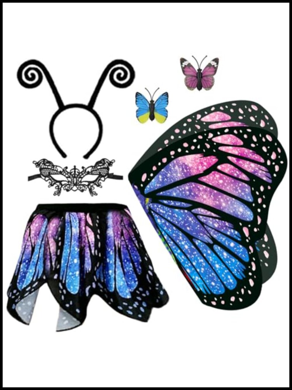 Girls Butterfly Wings Costume Set with Skirt Mask Antenna Headband